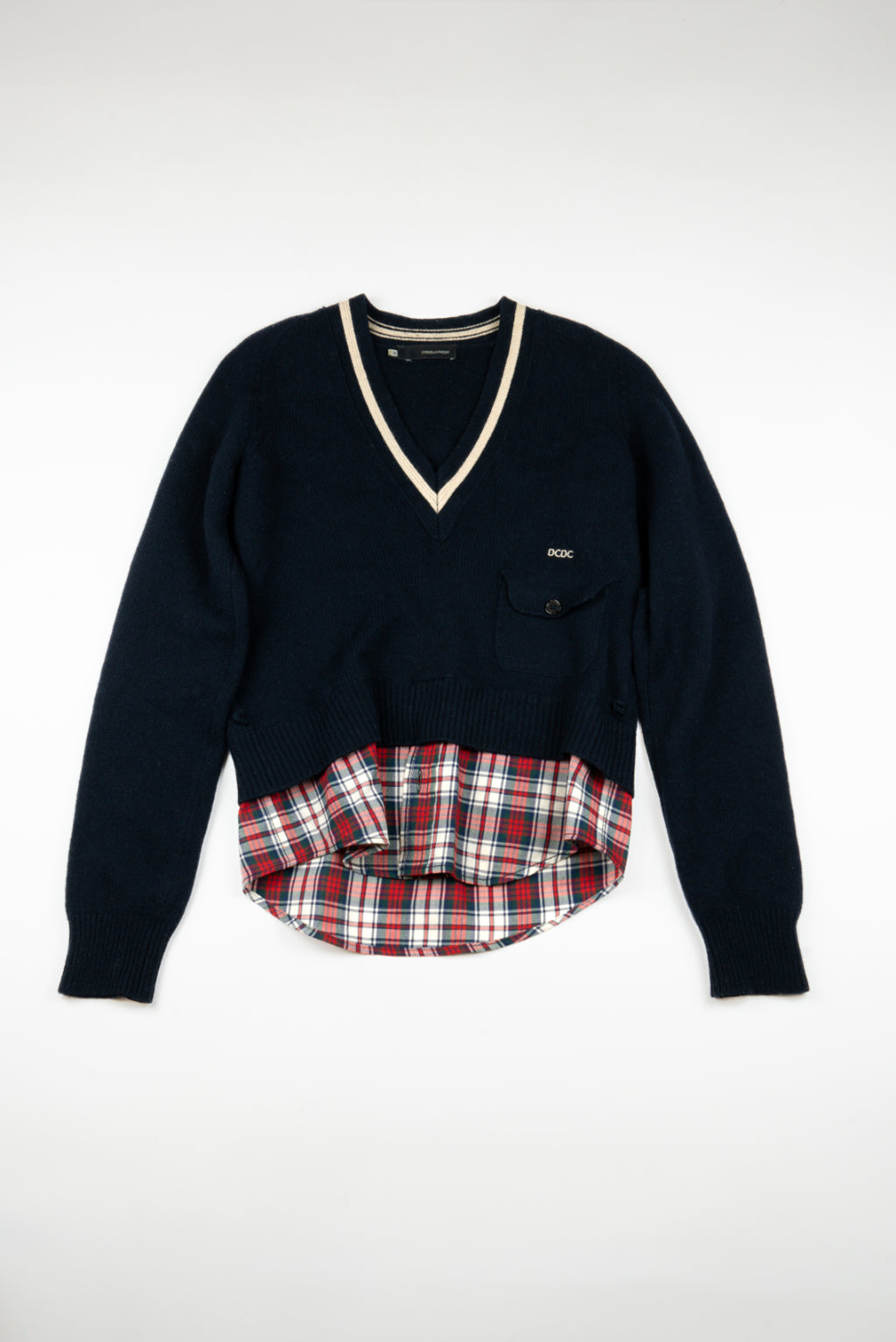 DSquared - V-neck Navy jumper with attached checked shirt, FW2005