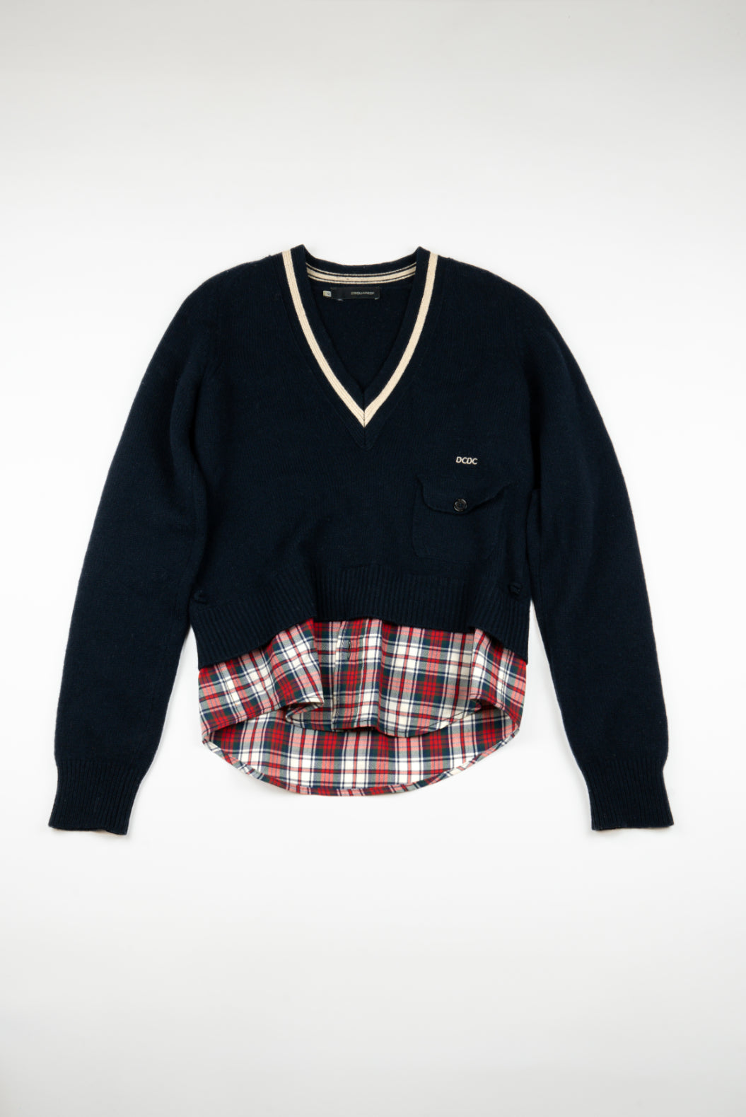 DSquared - V-neck Navy jumper with attached checked shirt, FW2005