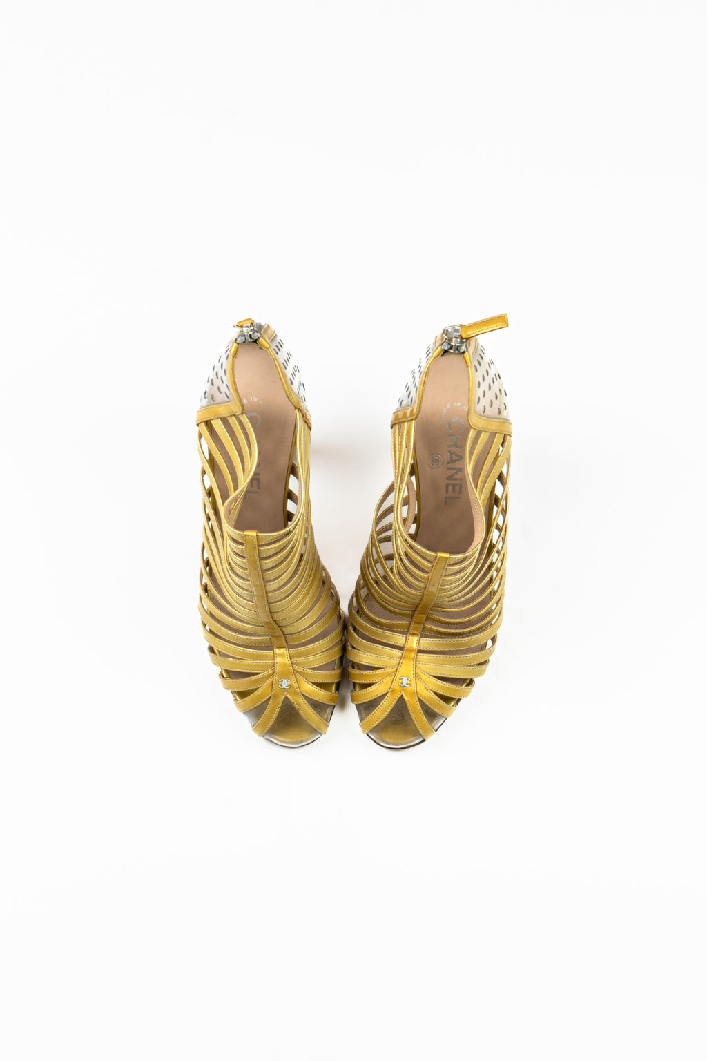 Chanel - Gold cage shoe with silver spiral heel and logo detail, 2009