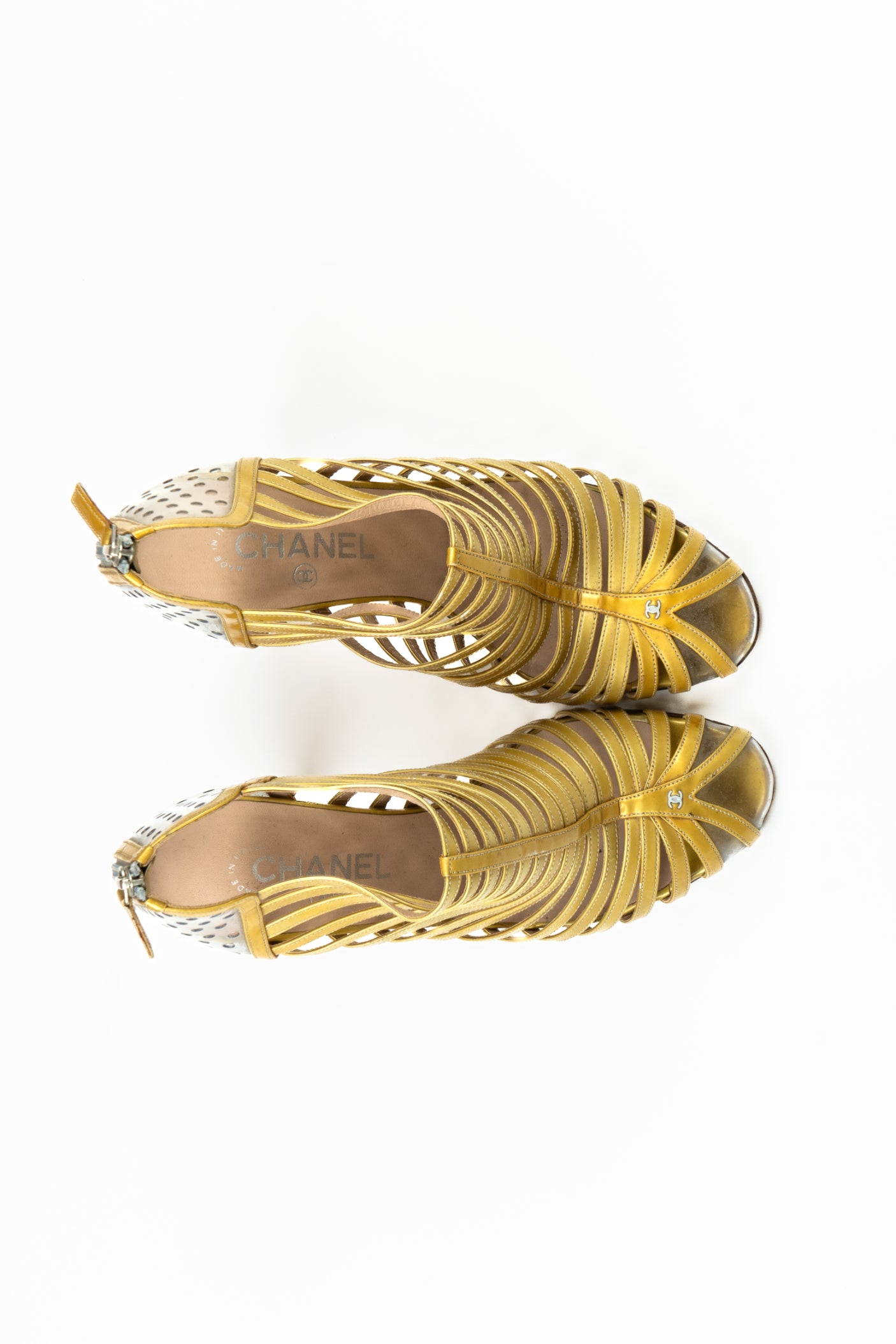 Chanel - Gold cage shoe with silver spiral heel and logo detail, 2009