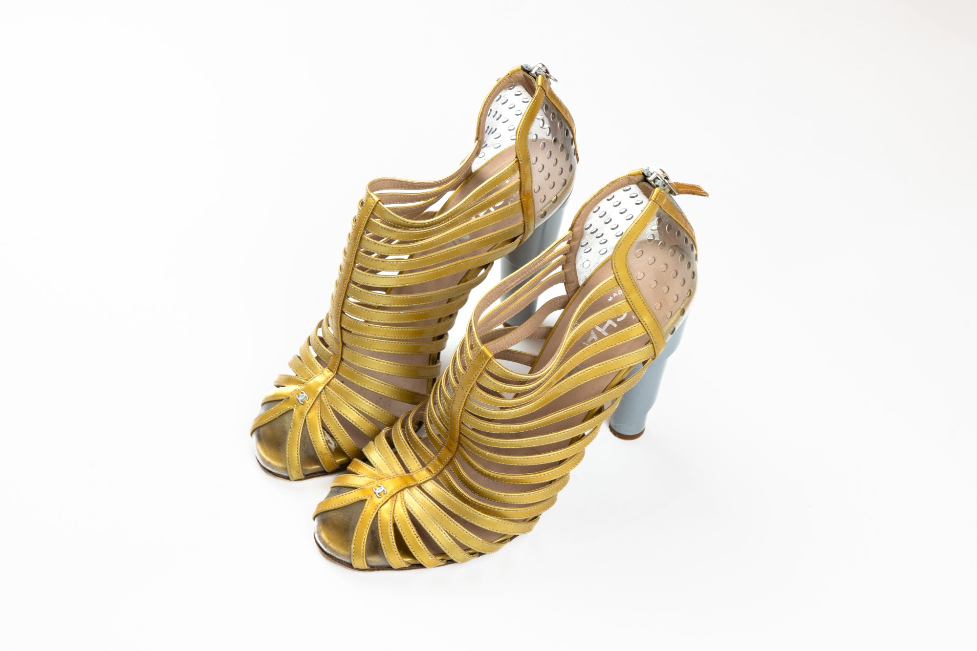 Chanel - Gold cage shoe with silver spiral heel and logo detail, 2009