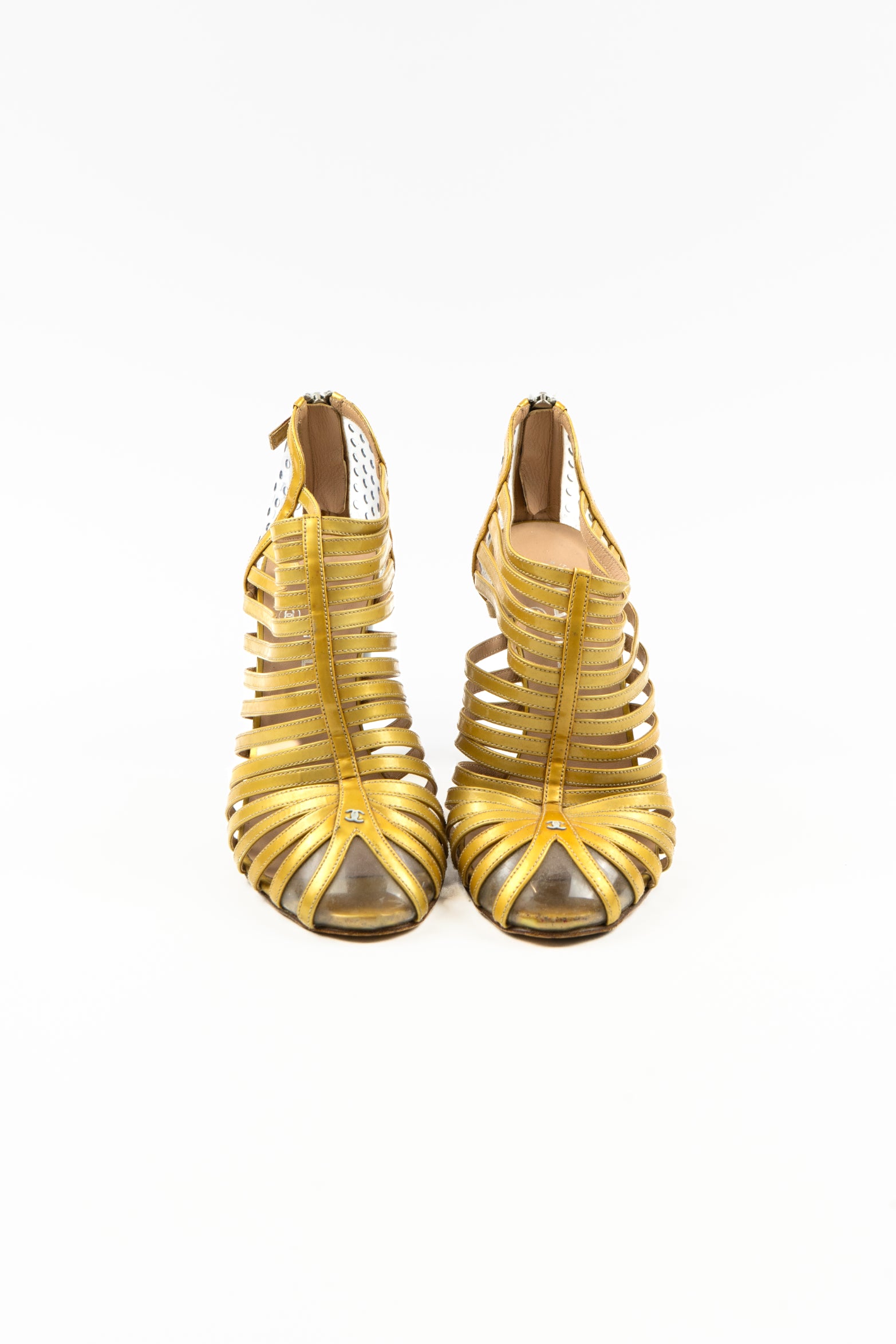 Chanel - Gold cage shoe with silver spiral heel and logo detail, 2009